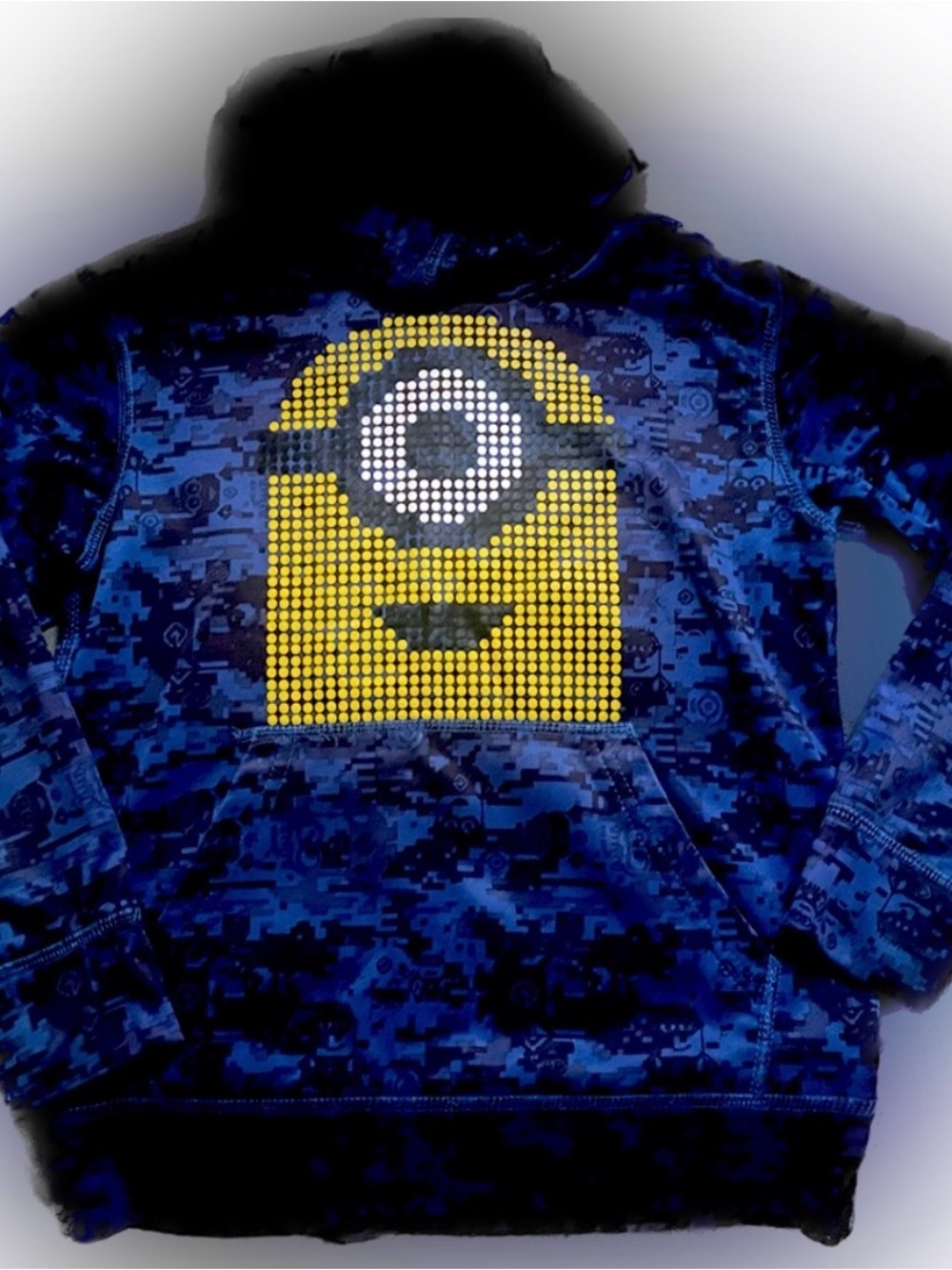 Universal Blue Camo Hoodie with Yellow Minion Dot Graphic